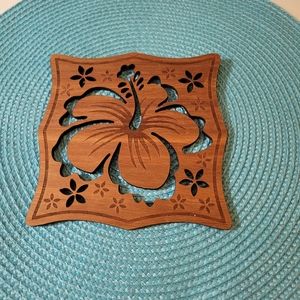 Wooden Laser Cut Trivet Hibiscus Plumerias Hawaiian
